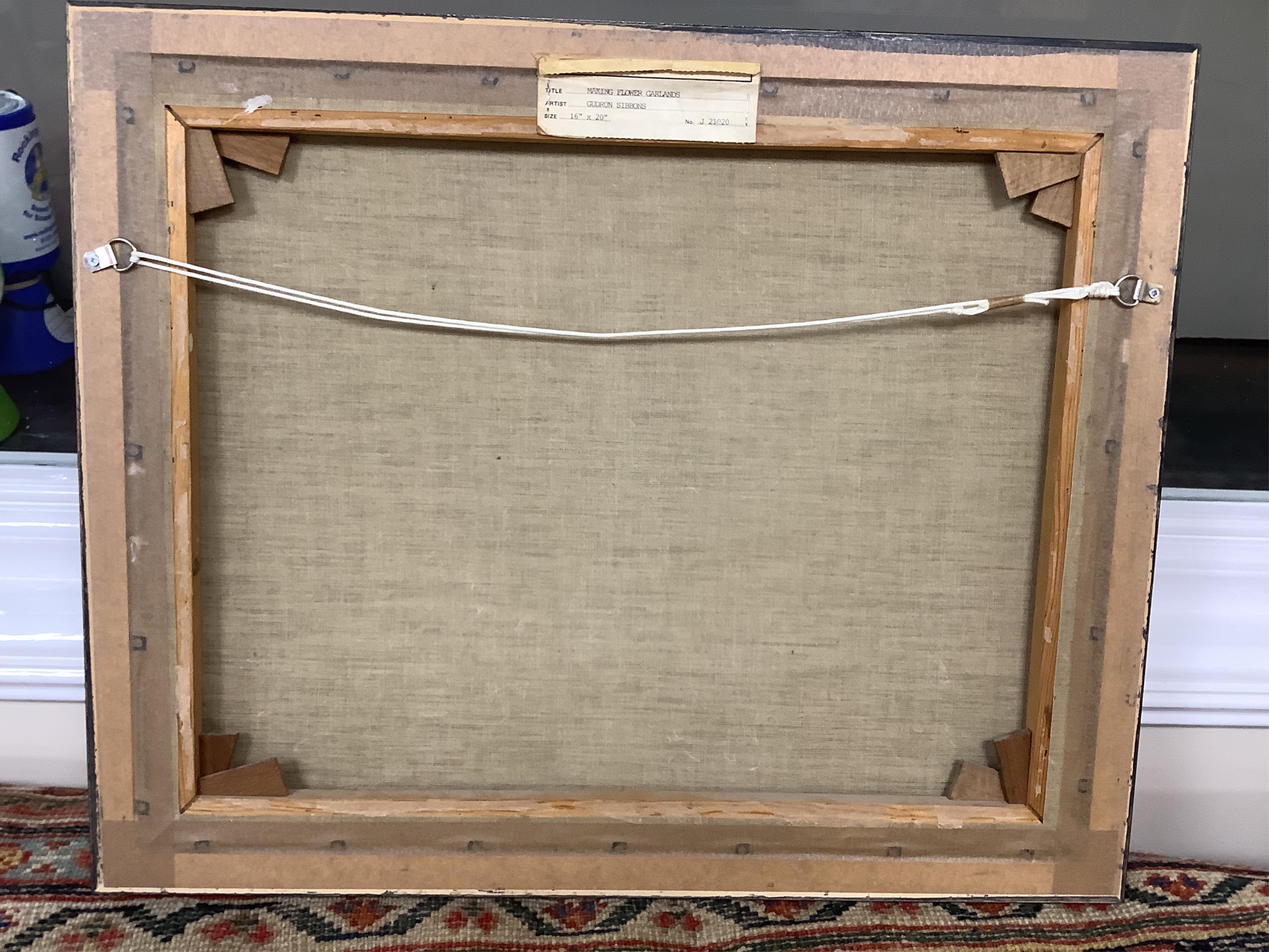 Gudrun Sibbons (1924-2020), 'Making Flower Garlands', signed, oil on canvas, 39 x 49cm